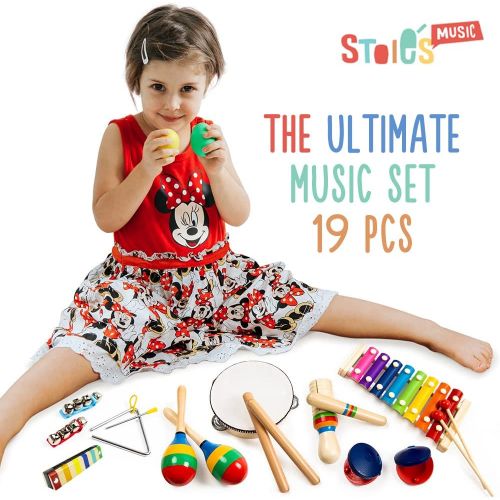  [아마존베스트]Stoies 17 pcs Musical Instruments Set for Toddler and Preschool Kids Music Toy - Wooden Percussion Toys for Boys and Girls Includes Xylophone - Promotes Early Development and Educa