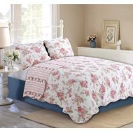 Stone Cozy Line Home Fashions Floral Peony Romantic Pink Ivory Flower Printed 100% Cotton Reversible Coverlet Bedspread Quilt Bedding Set for Women Girl (Pink, King - 3 Piece)