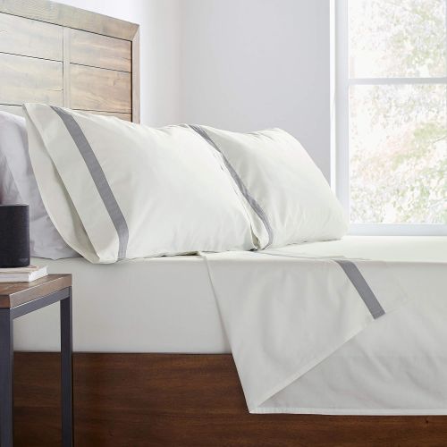  Stone & Beam Banded 100% Percale Cotton Bed Sheet Set, Easy Care, Queen, Cloud