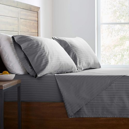  Stone & Beam 100% Cotton Dobby Stripe Sateen Bed Sheet Set, Full, Heather