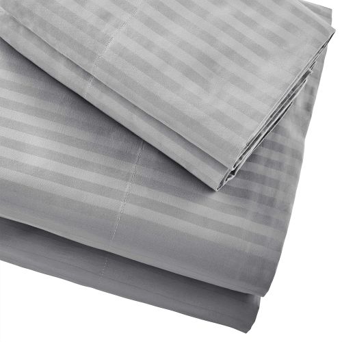  Stone & Beam 100% Cotton Dobby Stripe Sateen Bed Sheet Set, Full, Heather