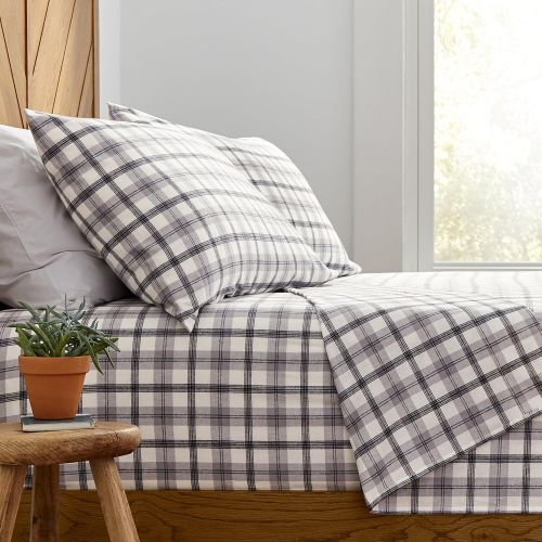  Stone & Beam Rustic 100% Cotton Plaid Flannel Bed Sheet Set, Easy Care, Twin XL, Black and White