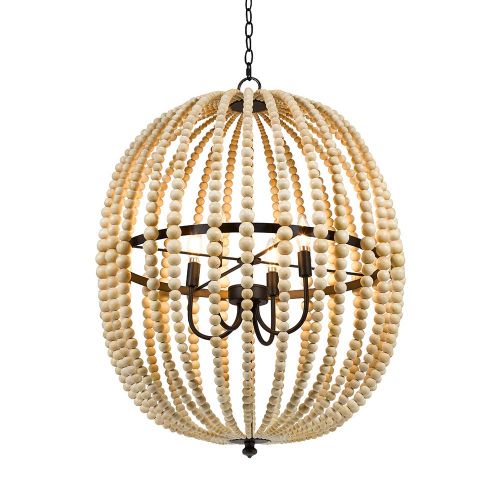  Stone & Beam Modern Farmhouse Grey 4-Light Wood Metal Chandelier, 33 H, With Bulbs, Real Wood Beads