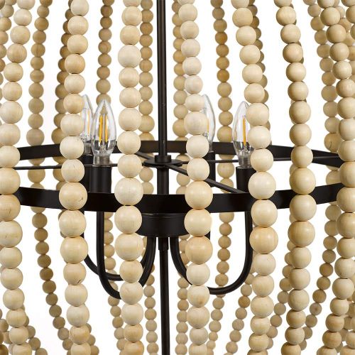  Stone & Beam Modern Farmhouse Grey 4-Light Wood Metal Chandelier, 33 H, With Bulbs, Real Wood Beads