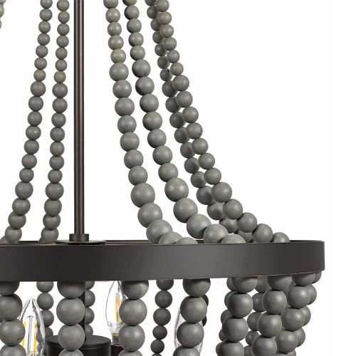  Stone & Beam Modern Farmhouse Grey 4-Light Wood Chandelier, 45.5 H, With Bulbs, Real Wood Beads