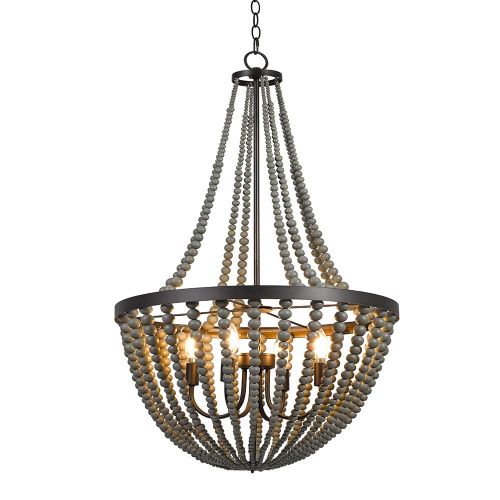  Stone & Beam Modern Farmhouse Grey 4-Light Wood Chandelier, 45.5 H, With Bulbs, Real Wood Beads