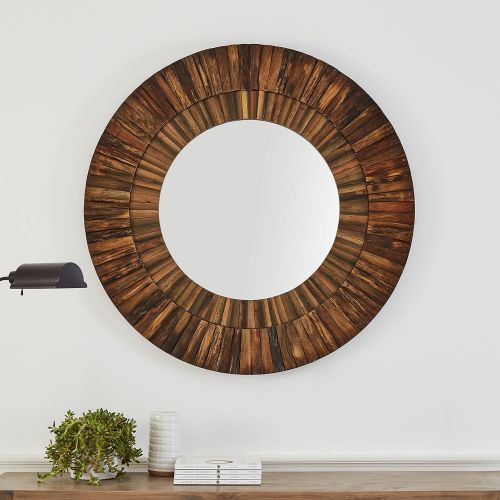  Stone & Beam Round Layered Rustic Wood Hanging Wall Mirror Decor, 42 Inch Height, Dark Wood Finish