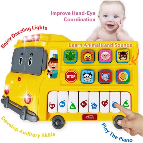  Stone and Clark Learning School Bus Toy w/ Lights and Music ? 8 Musical Note Piano Keys, 6 Animal Sounds Buttons and Mode Button ? Toy Bus w/ Flashing Lights ? Fun Toy School Bus for Toddlers 18+