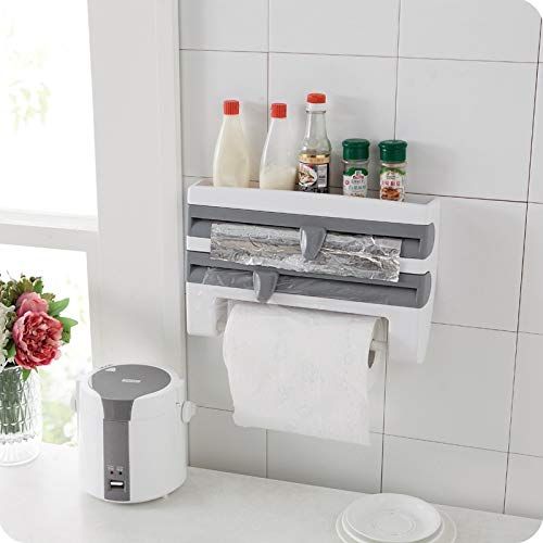  Storage-CC Plastic Wall-Mount Refrigerator Cling Film Storage Rack Wrap Cutter Sauce Bottle Storage Rack Wall Hanging Paper Towel Holder (Color : White)