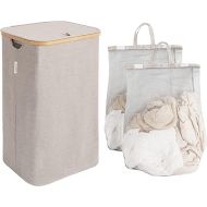 StorageWorks Large Laundry Hamper with Lid, 100L Tall Laundry Basket with Bamboo Handles and 2 Removable Inner Bag, Collapsible Laundry Hamper for Clothing, Toys, Towels, Brown and Beige, 1-Pack