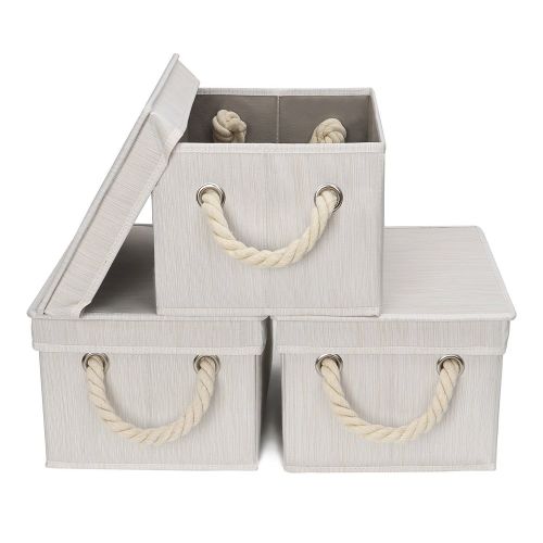  StorageWorks Storage Bins with Lid and Cotton Rope Handles, Foldable Storage Basket, White, Bamboo Style, 3-Pack, Jumbo, 17.1x12.0x10.4 inches (LxWxH)