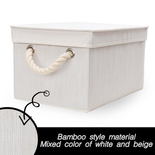  StorageWorks Storage Bins with Lid and Cotton Rope Handles, Foldable Storage Basket, White, Bamboo Style, 3-Pack, Jumbo, 17.1x12.0x10.4 inches (LxWxH)