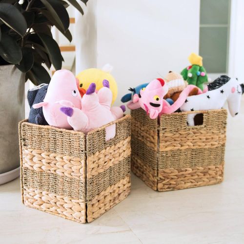  StorageWorks Seagrass & Hyacinth Storage Woven Basket with Iron Wire Frame, Foldable Storage Baskets Organizer, Medium,10.2x10.2x10.6, 2-Pack, Extra - Gift Lining