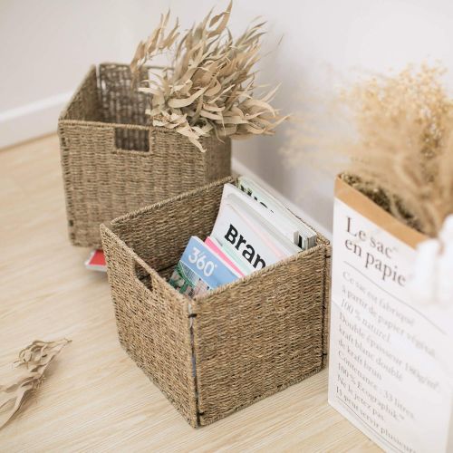  StorageWorks Seagrass & Hyacinth Storage Woven Basket with Iron Wire Frame, Foldable Storage Baskets Organizer, Medium,10.2x10.2x10.6, 2-Pack, Extra - Gift Lining