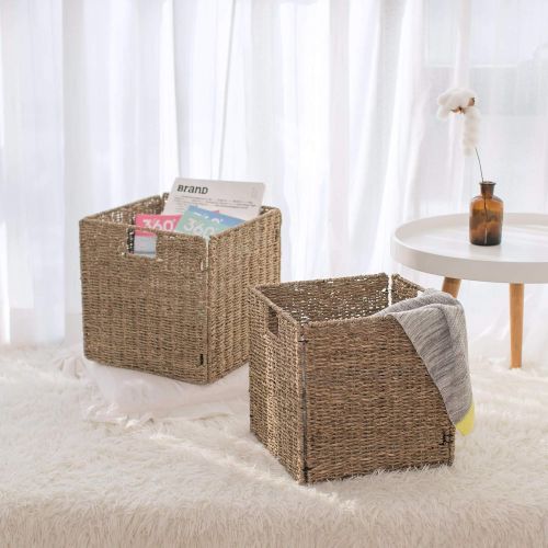  StorageWorks Seagrass & Hyacinth Storage Woven Basket with Iron Wire Frame, Foldable Storage Baskets Organizer, Medium,10.2x10.2x10.6, 2-Pack, Extra - Gift Lining