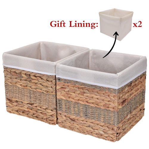  StorageWorks Seagrass & Hyacinth Storage Woven Basket with Iron Wire Frame, Foldable Storage Baskets Organizer, Medium,10.2x10.2x10.6, 2-Pack, Extra - Gift Lining