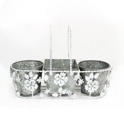  Store Indya Set of 3 Metal Bucket Planters with Removable White Floral Cover & Handle Home Garden Accessory (White)