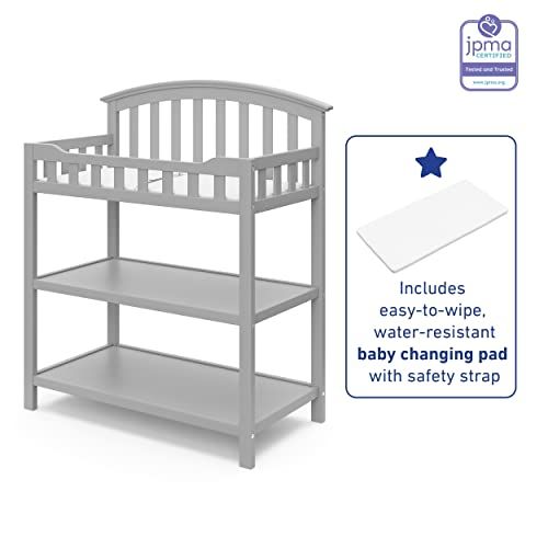  Stork Craft Graco Changing Table with Water-Resistant Change Pad and Safety Strap, Pebble Gray, Multi Storage Nursery Changing Table for Infants or Babies