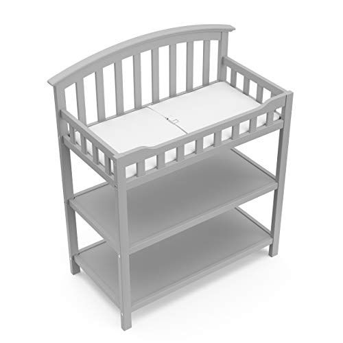  Stork Craft Graco Changing Table with Water-Resistant Change Pad and Safety Strap, Pebble Gray, Multi Storage Nursery Changing Table for Infants or Babies