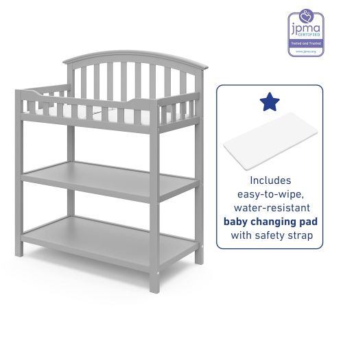  Stork Craft Graco Changing Table with Water-Resistant Change Pad and Safety Strap, Pebble Gray, Multi Storage Nursery Changing Table for Infants or Babies