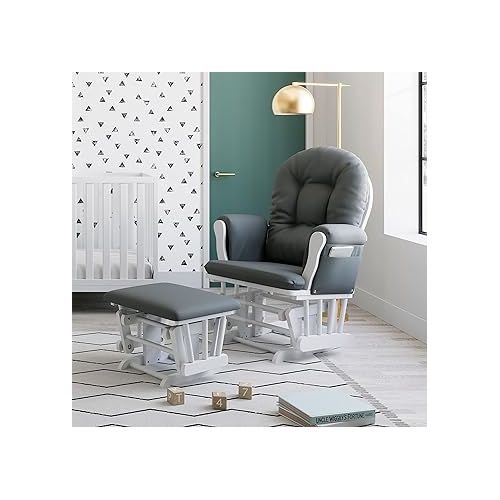  Storkcraft Premium Hoop Glider and Ottoman (White Base, Gray Cushion) - Padded Cushions with Storage Pocket, Smooth Rocking Motion, Easy to Assemble, Solid Hardwood Base