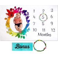 Rainbow Baby Monthly Milestone Blanket by Storky | Girl or Boy Photography Background Prop | Bonus Floral Flower Wreath | Newborn to 12 Months | Baby Shower Gift | Baby Registry Wa
