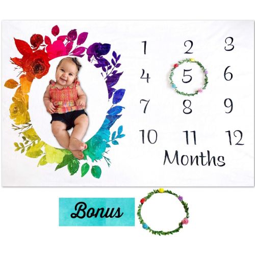  Rainbow Baby Monthly Milestone Blanket by Storky | Girl or Boy Photography Background Prop | Bonus Floral Flower Wreath | Newborn to 12 Months | Baby Shower Gift | Baby Registry Wa