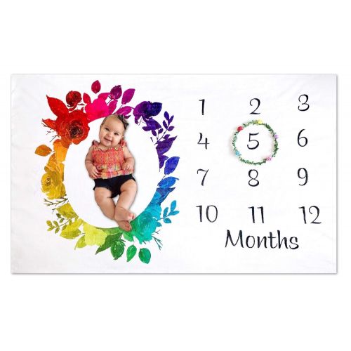  Rainbow Baby Monthly Milestone Blanket by Storky | Girl or Boy Photography Background Prop | Bonus Floral Flower Wreath | Newborn to 12 Months | Baby Shower Gift | Baby Registry Wa