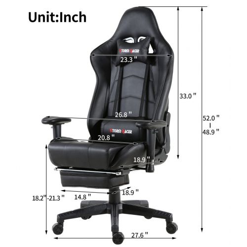  Storm Racer Erogonomic Gaming Chair Large Size Racing Style Computer Home Office Chair with Retractable Footrest (Black)