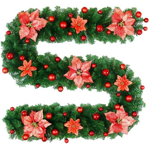  Storystore 9 Foot Christmas Garland with Lights Christmas Decorations for Mantle, Fireplace, Stair, Xmas Tree Decoration with Artificial Flower, Red Berries