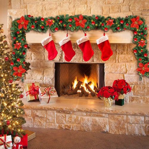  Storystore 9 Foot Christmas Garland with Lights Christmas Decorations for Mantle, Fireplace, Stair, Xmas Tree Decoration with Artificial Flower, Red Berries