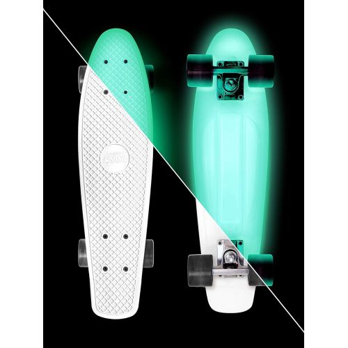  Street Surfing Beach Board Glow White Complete Plastic Mini Cruiser Retro 22” Skateboard for Kids Teens Adults - Intermediate and Beginner Skate for Boys and Girls with Light Up Wh