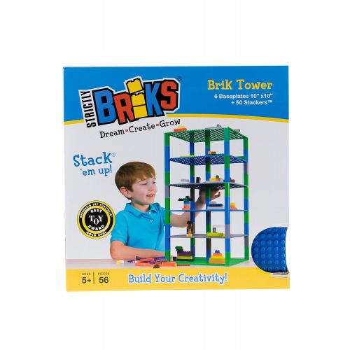  Strictly Briks Classic Baseplates 10 x 10 Brik Tower 100% Compatible with All Major Brands | Building Bricks for Towers, Shelves and More | 6 Baseplates & 50 Stackers in Blue Green