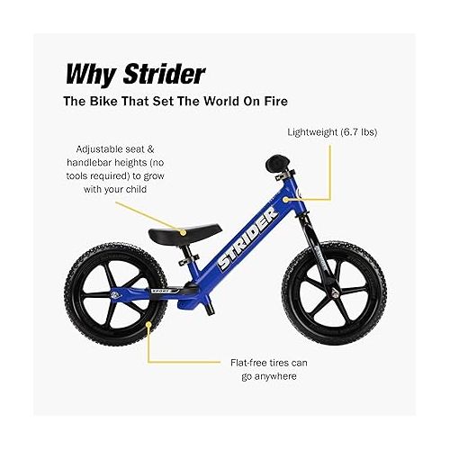  Strider 12” Sport Bike - No Pedal Balance Bicycle for Kids 18 Months to 5 Years - Includes Safety Pad, Padded Seat, Mini Grips & Flat-Free Tires - Tool-Free Assembly & Adjustments