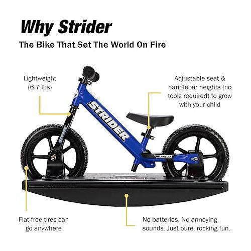  Strider 12” Sport Bike + Rocking Base - Helps Teach Baby How to Ride a Balance Bicycle - for Kids 6 Months to 5 Years - Easy Assembly & Adjustments