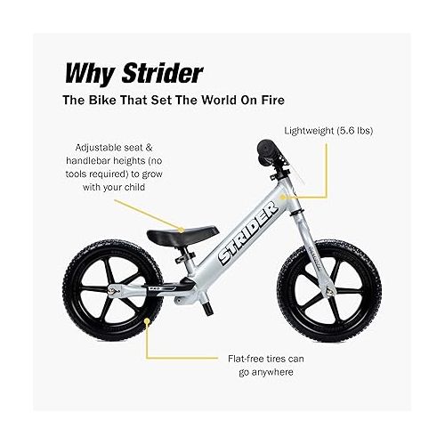  Strider 12” Pro Bike - No Pedal Balance Bicycle for Kids 18 Months to 5 Years - Includes Safety Pad, Padded Seat, Mini Grips, Flat-Free Tires & Number Plate - Tool Free