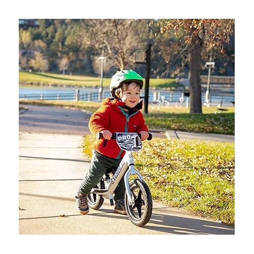  Strider 12” Pro Bike - No Pedal Balance Bicycle for Kids 18 Months to 5 Years - Includes Safety Pad, Padded Seat, Mini Grips, Flat-Free Tires & Number Plate - Tool Free
