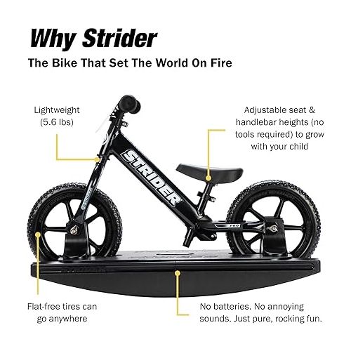  Strider 12” Pro Bike + Rocking Base - Helps Teach Baby How to Ride a Balance Bicycle - for Kids 6 Months to 5 Years - Easy Assembly & Adjustments
