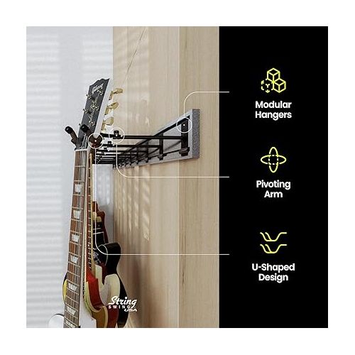  String Swing Guitar Wall Rack, Guitar Stand Mulitple Guitars, Hanging Guitar Stand for Acoustic & Electric Guitars, 10 Heavy Duty Padded Arm Hangers & Silver Slatwall Rail - MADE IN USA