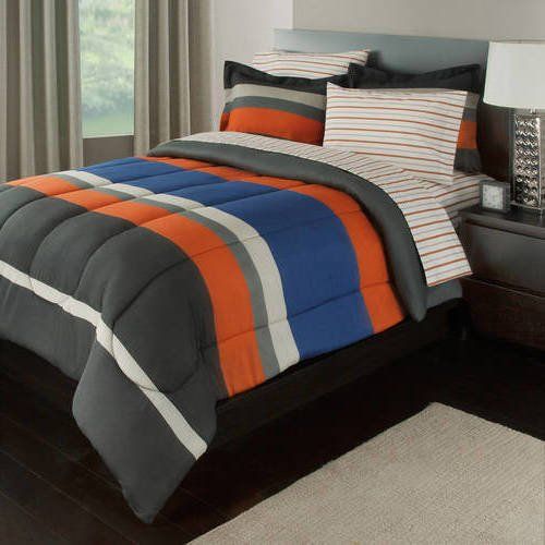  5 Piece Multi Boys Rugby Stripes Pattern Comforter Twin Set With Sheets, Beautiful Sports Striped Theme, Horizontal Sporty Lines Print Design, Vibrant Orange Blue Grey, For Unisex,