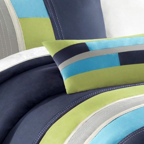  3 Piece Twin/Twin XL Navy Teal Blue Light Green Striped Comforter Set, Geometric Pattern Grey Rugby Stripes, Modern Circuit Design, Olive Vibrant Colorful Bedding for Boys, Rectang