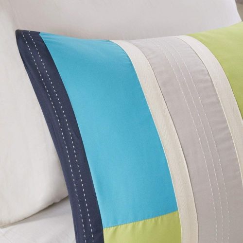  3 Piece Twin/Twin XL Navy Teal Blue Light Green Striped Comforter Set, Geometric Pattern Grey Rugby Stripes, Modern Circuit Design, Olive Vibrant Colorful Bedding for Boys, Rectang