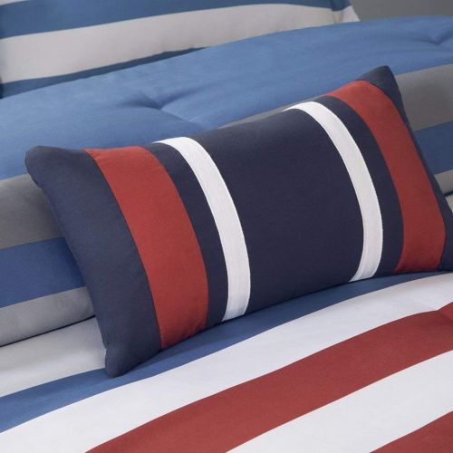  3 Piece Twin / Twin XL Grey Blue Red Striped Comforter Set, Gray Horizontal Pattern, Modern Circuit Design, Vibrant Colorful Rugby Stripes Bedding for Boys, Rectangle Blocks Patchw