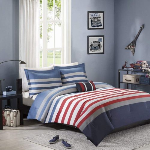  3 Piece Twin / Twin XL Grey Blue Red Striped Comforter Set, Gray Horizontal Pattern, Modern Circuit Design, Vibrant Colorful Rugby Stripes Bedding for Boys, Rectangle Blocks Patchw