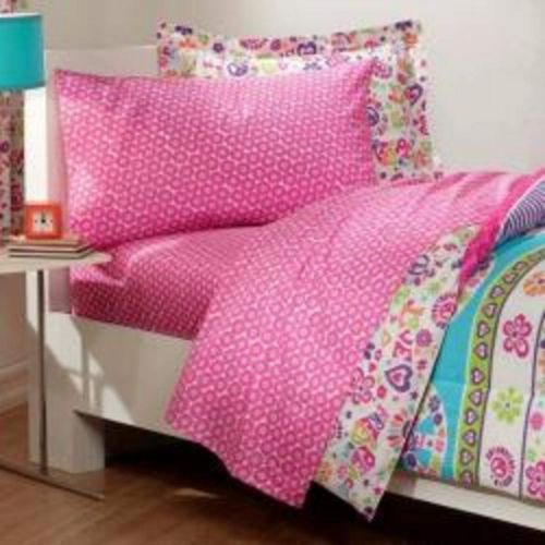  Stripes Girls Twin 5 Piece Peace Comforter Set, Peace Sign Love Flowers Floral Purple, Baby Blue, Pink, Red, Love Themed Multicolors
