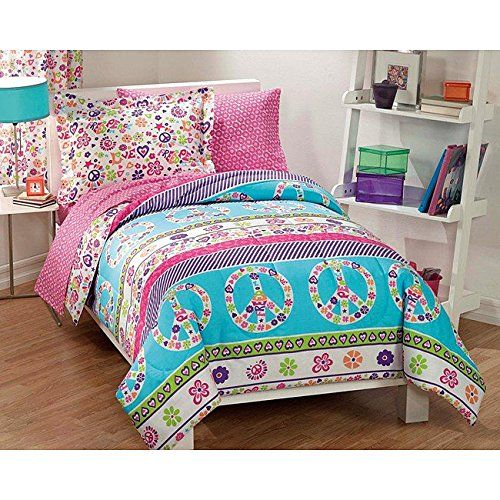  Stripes Girls Twin 5 Piece Peace Comforter Set, Peace Sign Love Flowers Floral Purple, Baby Blue, Pink, Red, Love Themed Multicolors