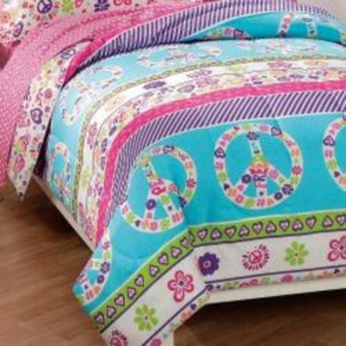  Stripes Girls Twin 5 Piece Peace Comforter Set, Peace Sign Love Flowers Floral Purple, Baby Blue, Pink, Red, Love Themed Multicolors