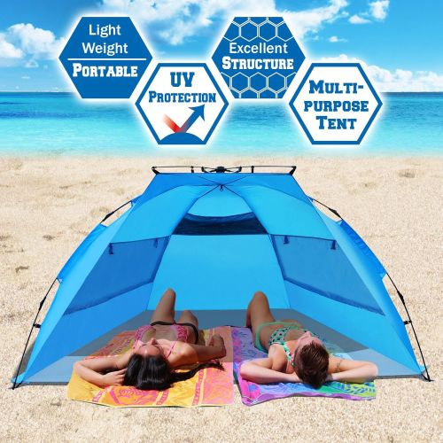  Strong Camel Easy Setup Beach Tent Large Portable Sun Shelter Instant Tent with Carrying Bag-Blue