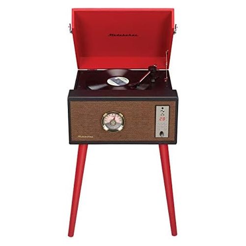  Studebaker Floor Stand Turntable, Bluetooth Receiver, CD Player, FM Radio, Wood Cabinet, 3W RMS Speakers x 2 (Red)