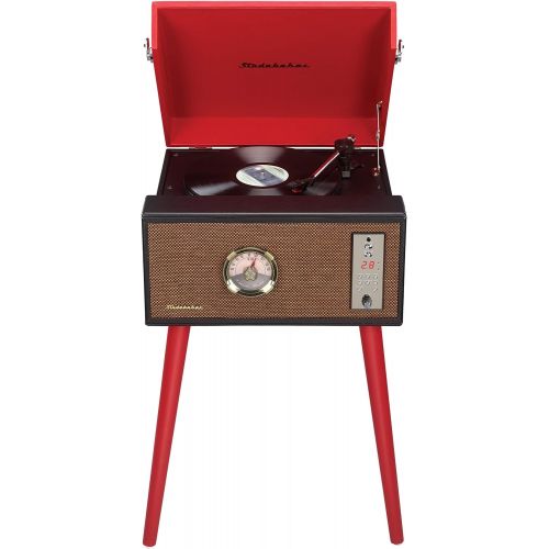  Studebaker Floor Stand Turntable, Bluetooth Receiver, CD Player, FM Radio, Wood Cabinet, 3W RMS Speakers x 2 (Red)